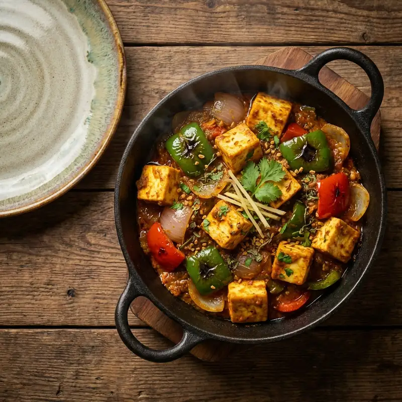 Paneer and bell peppers cooked in a spicy masala in a traditional Indian wok.