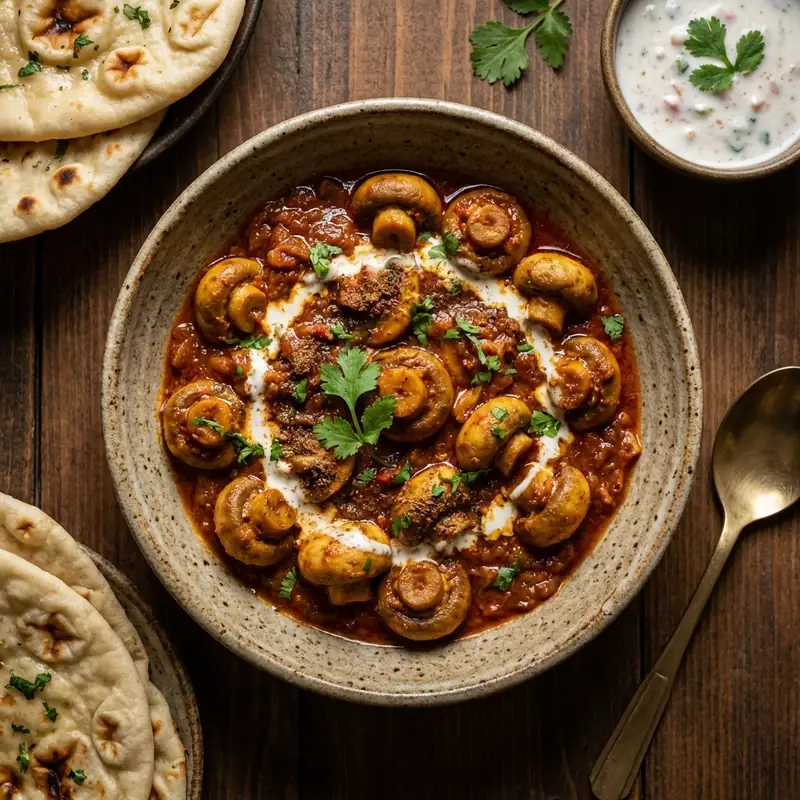 Button mushrooms cooked in a savory and spiced onion-tomato gravy.