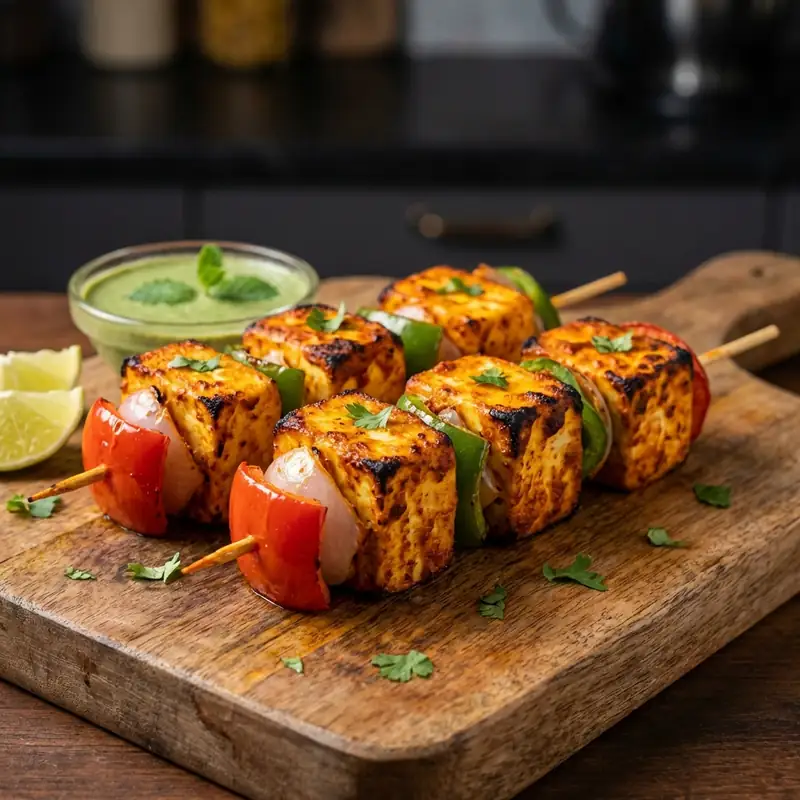 Cubes of paneer marinated in spices and grilled in a tandoor. A veggie delight.